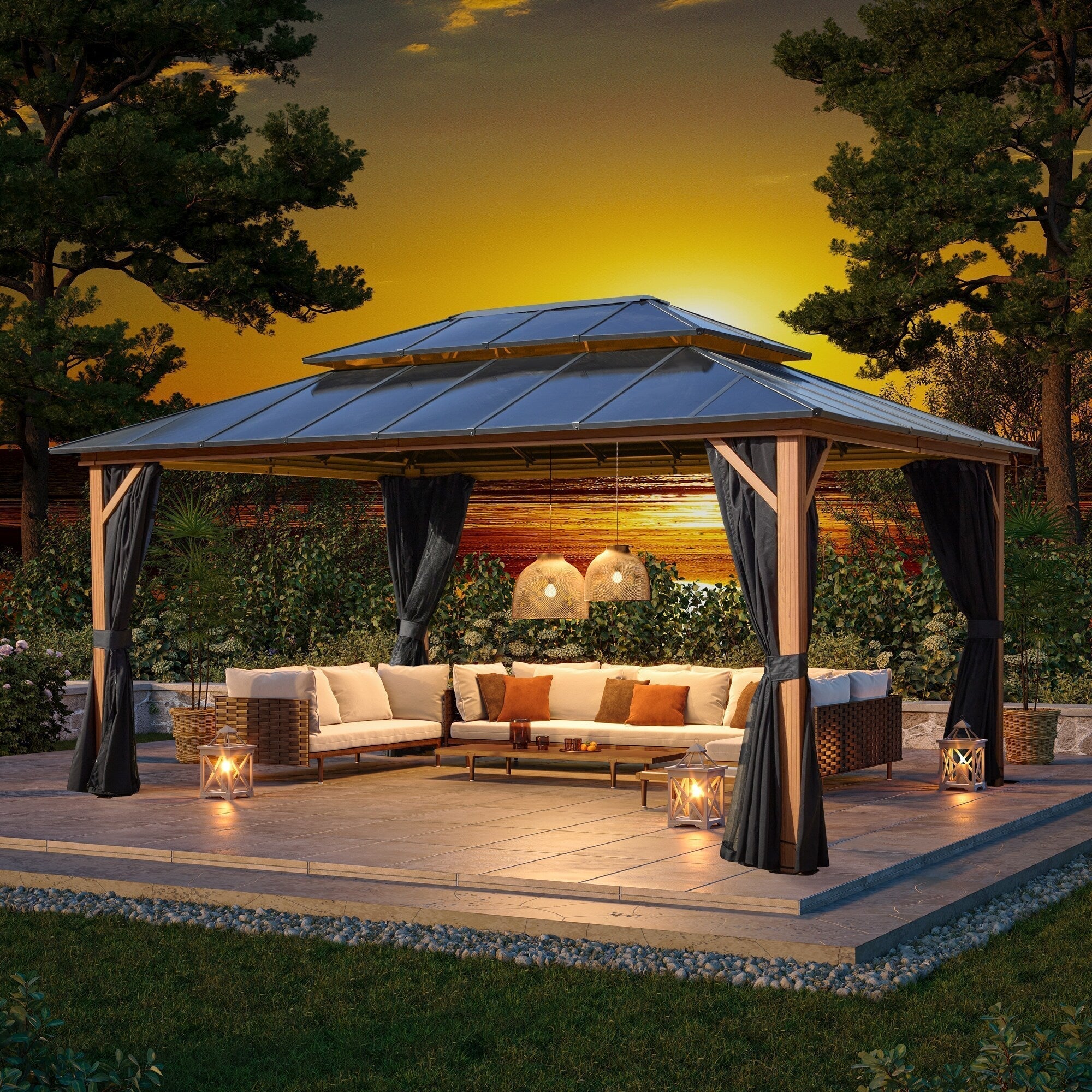 Tonnelle EROMMY à toit rigide, pergola extérieure avec double toit, moustiquaire et rideaux, auvent robuste pour patio, jardin, fête au bord de la piscine