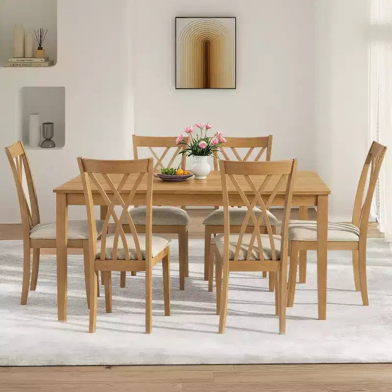 Ensemble de salle à manger Zevemomo 7 pièces en bois massif avec 6 chaises rembourrées, ensemble table et chaises compact pour salle à manger, cuisine, couleur bois naturel