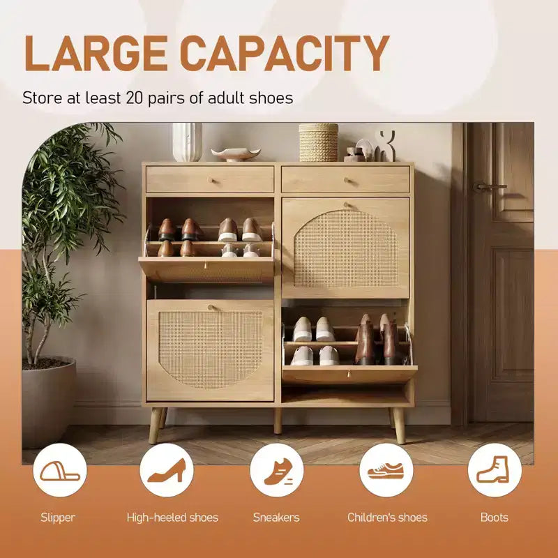 Karl Home Meuble à chaussures en rotin avec 2 tiroirs et 4 compartiments basculants en panneaux de particules 105 cm (L)