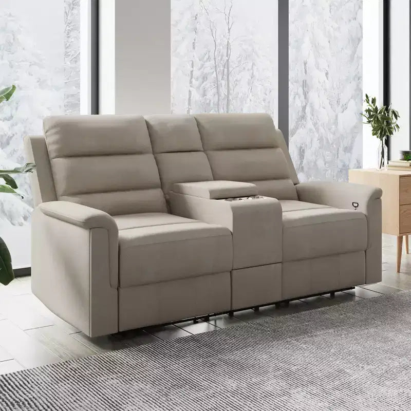 Canapé inclinable 2 places en tissu technique beige/gris, dossier et repose-pieds réglables