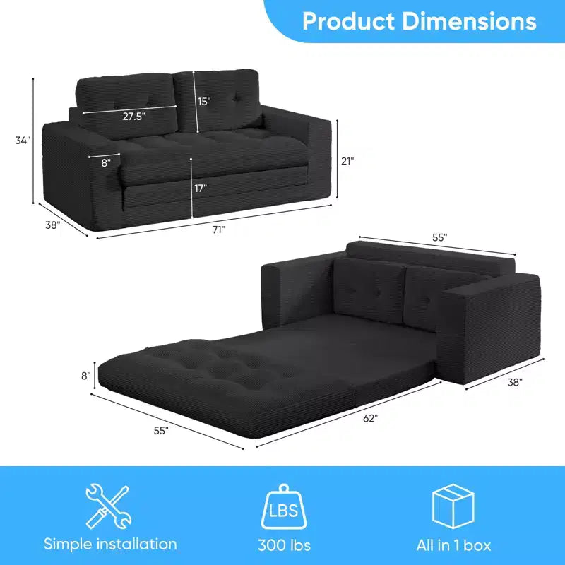 Mjkone Canapé-Lit Futon Convertible 2-en-1 180 cm, Canapé Deux Places Pliable en Tissu Côtelé avec Boutons Touffetés, Idéal pour Petits Espaces