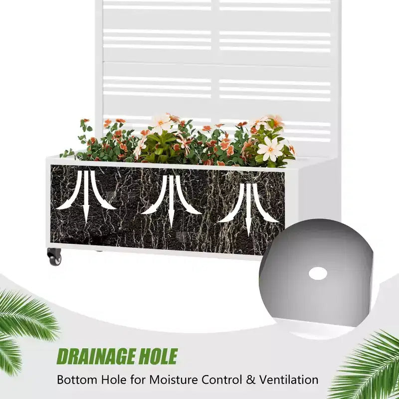 Jardinière rectangulaire en fer forgé blanc MAYEERTY avec treillis (Harold Large-Étroit à persiennes), 72x35x16, 5 pièces Décoration de jardin intérieur extérieur