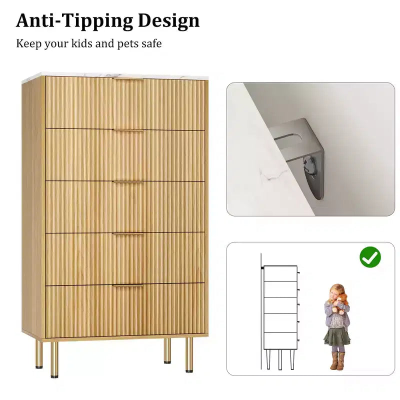 Commode à 5 tiroirs blanche / marbre et bois – Panneau cannelé, pour 1 personne