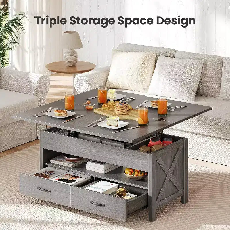 Table basse relevable avec espace de rangement, table basse style ferme, table basse avec deux tiroirs, table basse pour salon et bureau