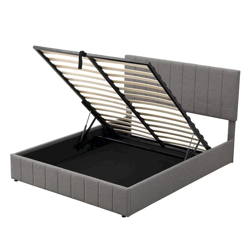 Lit plateforme rembourré Queen avec système de rangement hydraulique - Beige