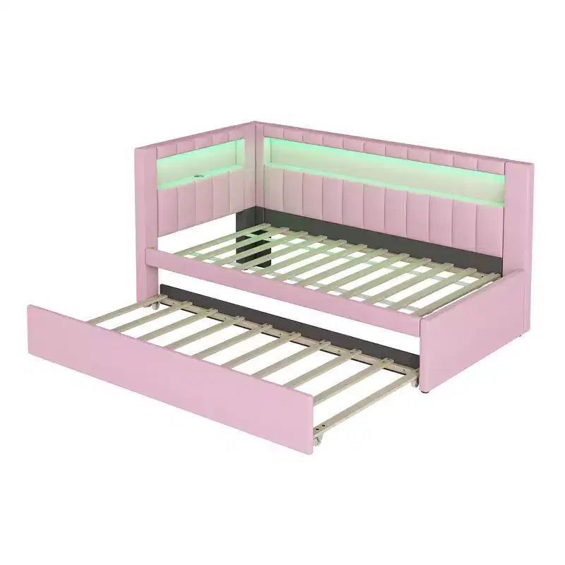 Lit de repos double/complet avec tiroir gigogne et tête de lit bibliothèque en L, lit d'angle doux rembourré en lin avec étagères de rangement et bande LED