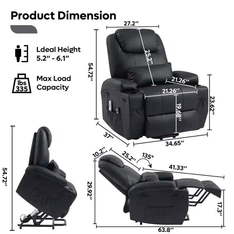 Fauteuil inclinable électrique Bestier de 88 cm avec fonction de levage, massage et chauffage, en similicuir, avec poches latérales et porte-gobelets