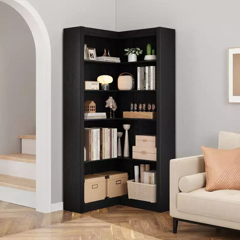 Noir/Blanc/Bois/Rétro, Bibliothèque d'angle en L, 5 niveaux, Simple