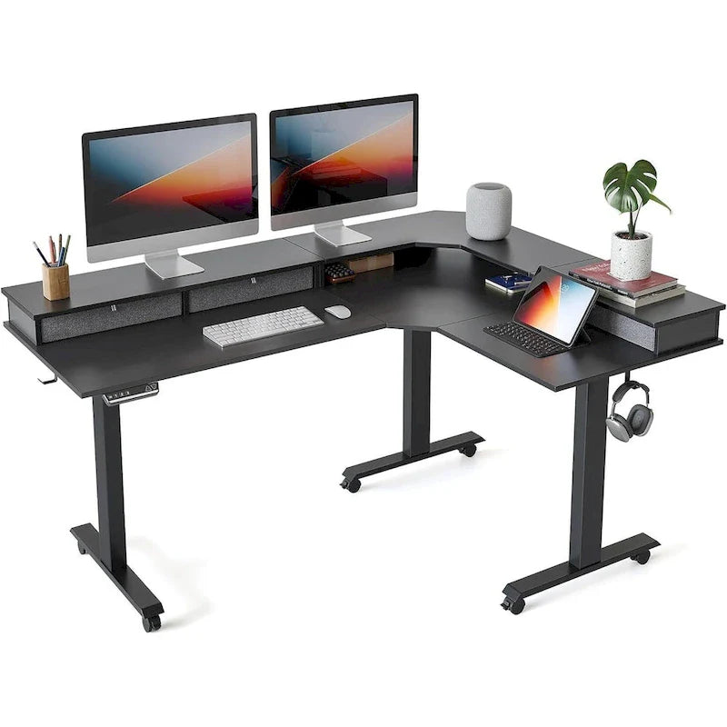 Bureau d'angle électrique debout avec 3 tiroirs et roulettes verrouillables, 160
