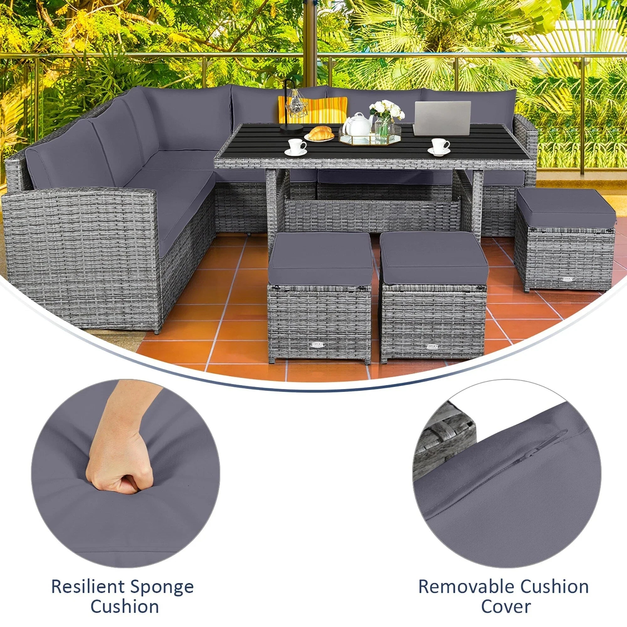 Ensemble de salle à manger Costway 7 pièces en rotin pour terrasse, canapé sectionnel et pouf - Voir détails