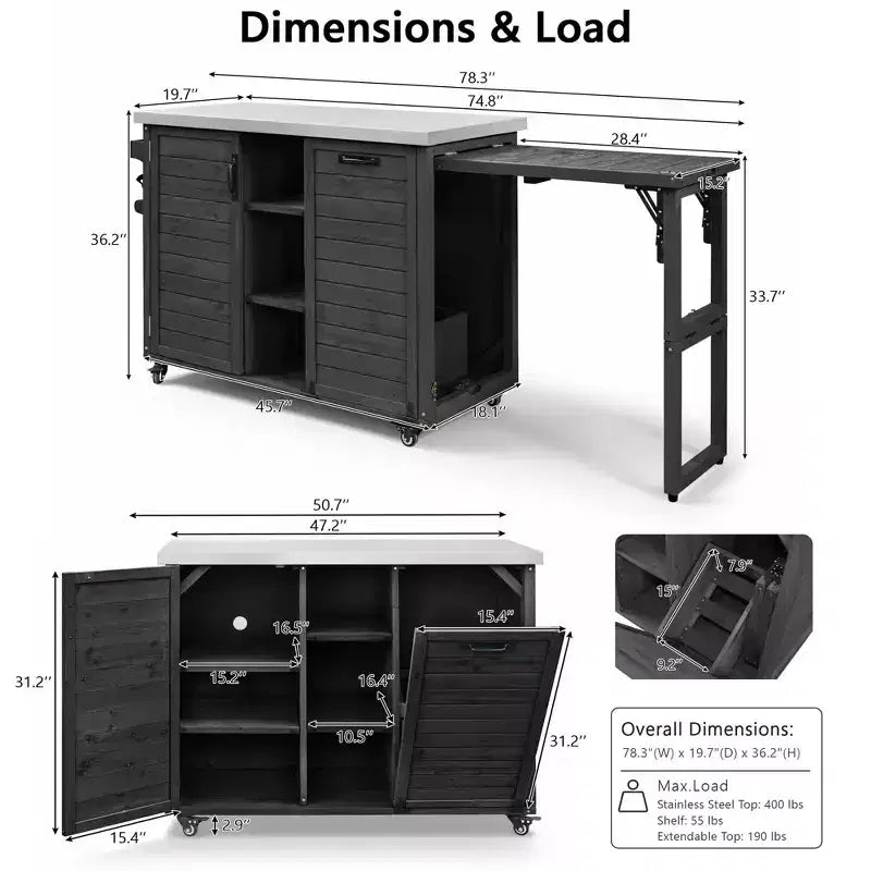 Îlot de cuisine extérieure de 198,9 cm avec comptoir en acier inoxydable, station de barbecue pliable et armoires de rangement, noir