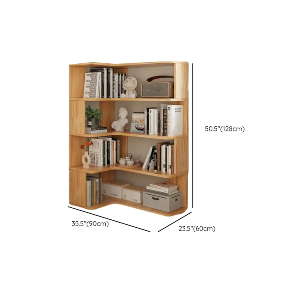 Bibliothèque verticale en bois en L à dos ouvert, finition naturelle