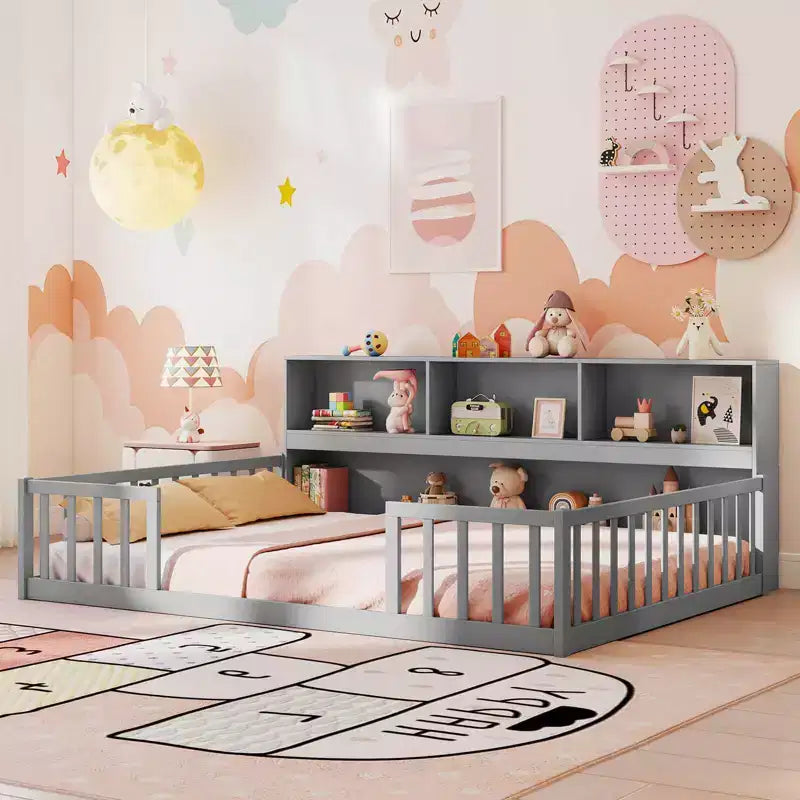 Lit de sol Montessori double/complet avec étagères de rangement et barrières de sécurité Blanc/Gris