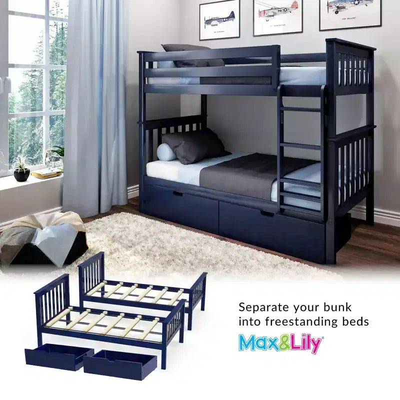 Lit superposé en bois massif pour enfants avec tiroirs de rangement