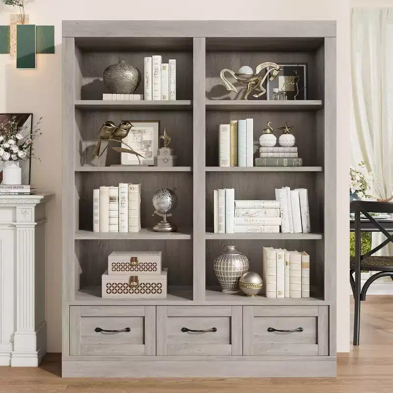 Bibliothèque et étagères de 64 H, étagère avec 3 tiroirs de rangement, étagère ouverte à 4 niveaux double largeur pour bureau salon