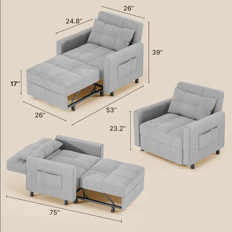 Canapé-lit convertible 3 en 1, chaise longue rembourrée réglable et pliable