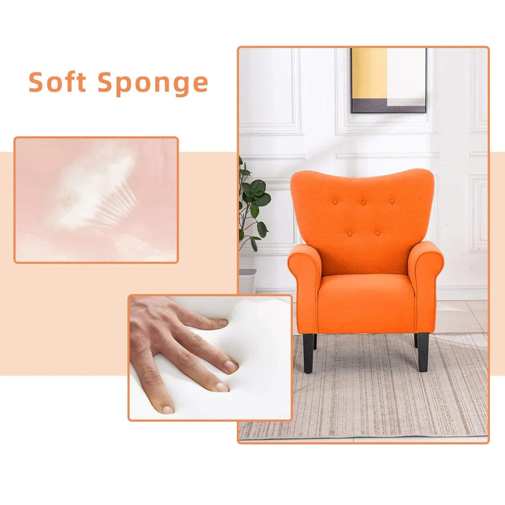 Fauteuil d'appoint moderne Erommy, fauteuil à dossier haut, canapé simple en tissu rembourré avec boutons et pieds en bois pour salon