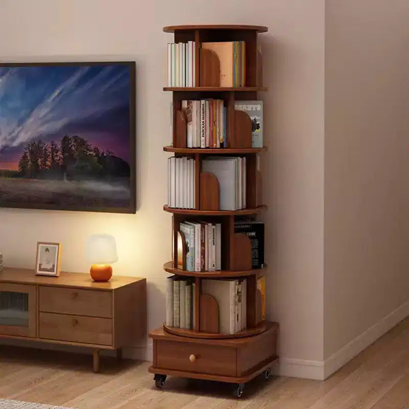 Bibliothèque d'angle pivotante à 360° Chic Crate à 6 niveaux avec roulettes, étagère étroite pour petits espaces, marron noyer