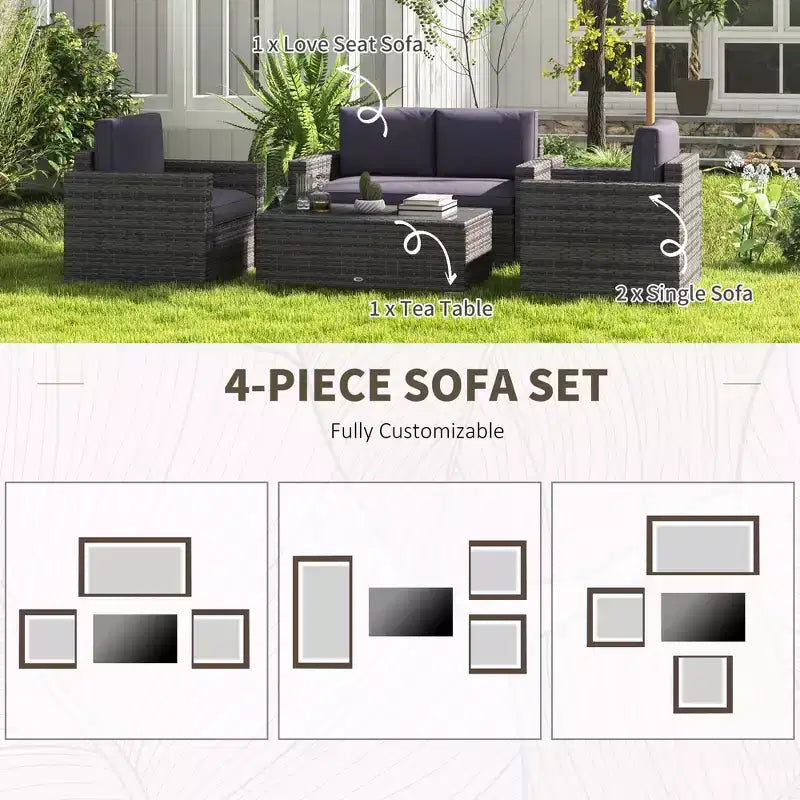 Ensemble de canapés en rotin 4 pièces, ensemble de canapés de patio en osier avec causeuse, chaises et table basse en verre pour jardin extérieur