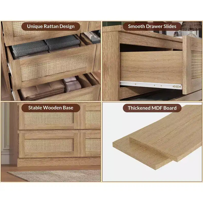 Commode en rotin pour chambre à coucher avec 6 tiroirs, 47 commode large moderne de style ferme, armoire de rangement en bois pour placard, salon, couloir