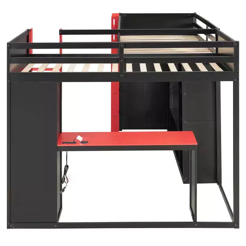 Lit mezzanine de jeu en L avec bureaux, lits superposés doubles avec lumières LED, ports USB, étagères de rangement, lit mezzanine d'angle en bois pour 2 personnes