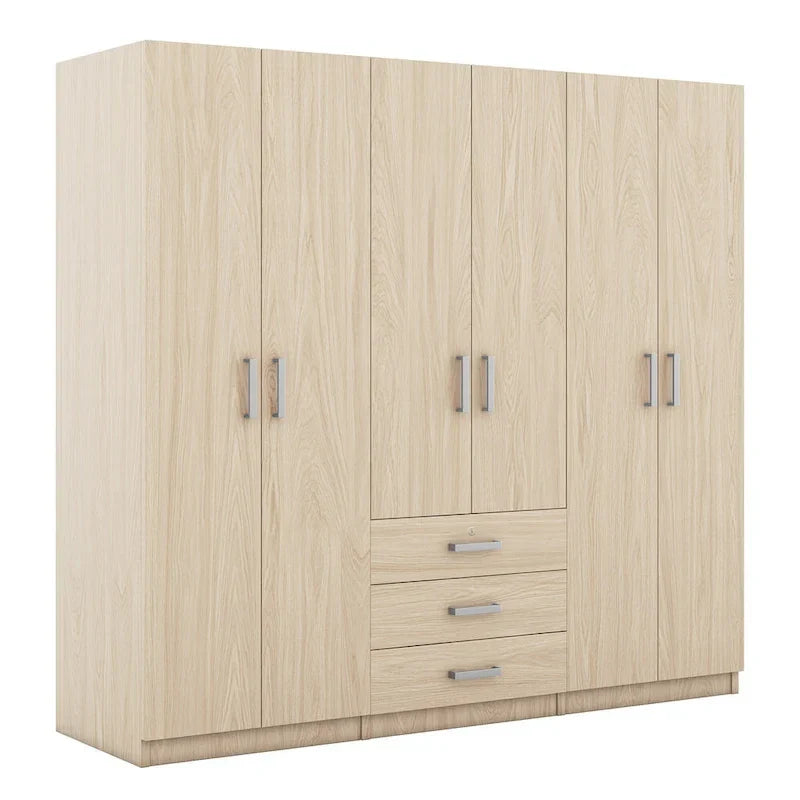 Armoire 6 portes en bois avec 3 grands tiroirs de rangement pour chambre à coucher