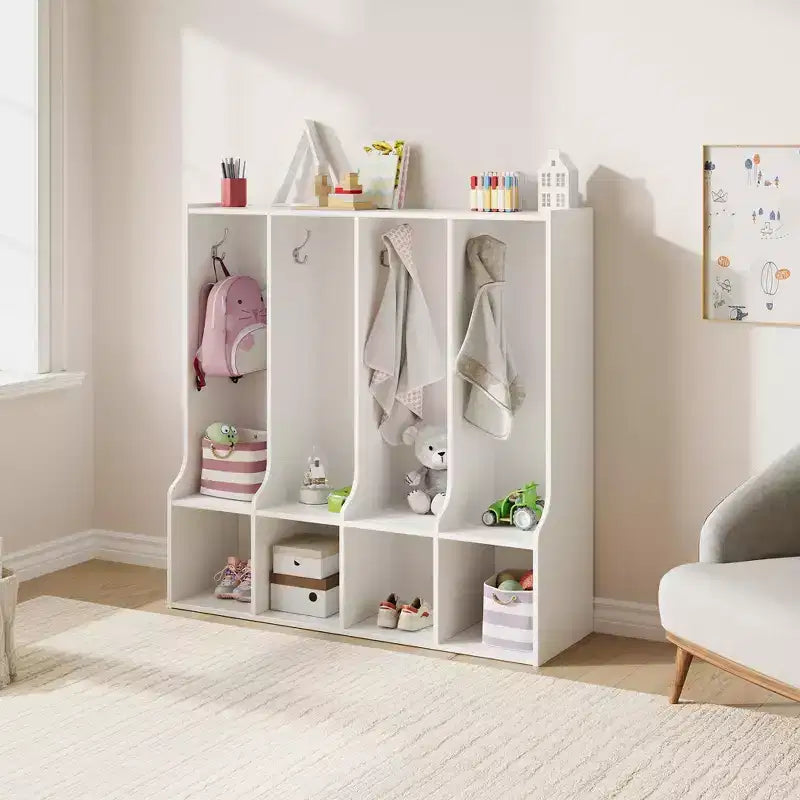 Casier à 4 compartiments marron/blanc avec 8 crochets, pour enfants