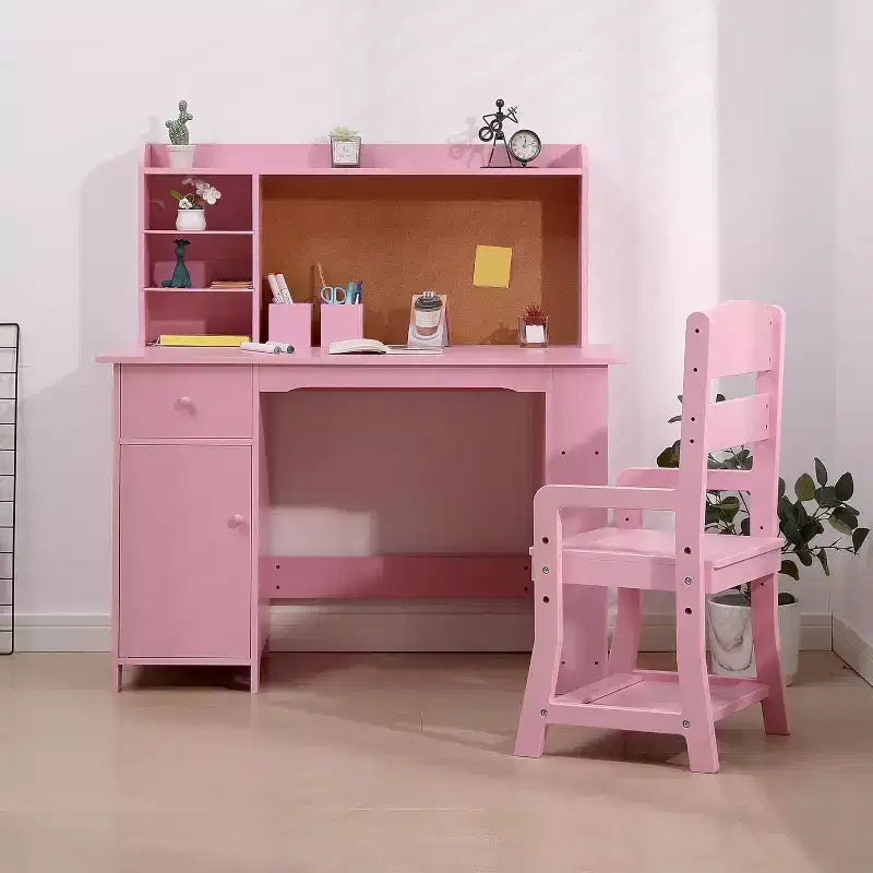 Bureau pour enfants, ensemble bureau et chaise pour garçons et filles, table d'écriture en bois pour enfants avec étagère, tableau d'affichage, armoire et tiroir pour les 3-8 ans