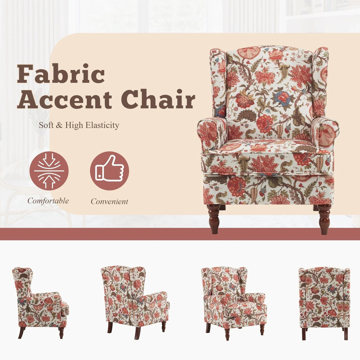 Fauteuil d'appoint moderne Erommy, fauteuil à dossier haut, canapé simple en tissu rembourré avec boutons et pieds en bois pour salon