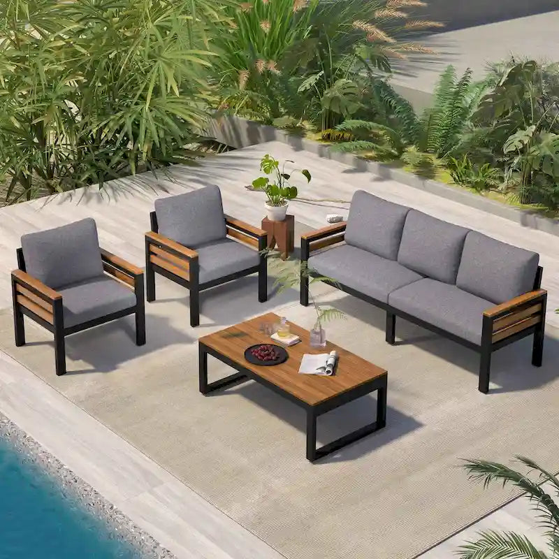 Ensemble de canapés d'extérieur 4 pièces pour 5 personnes avec table basse en bois massif et coussins amovibles