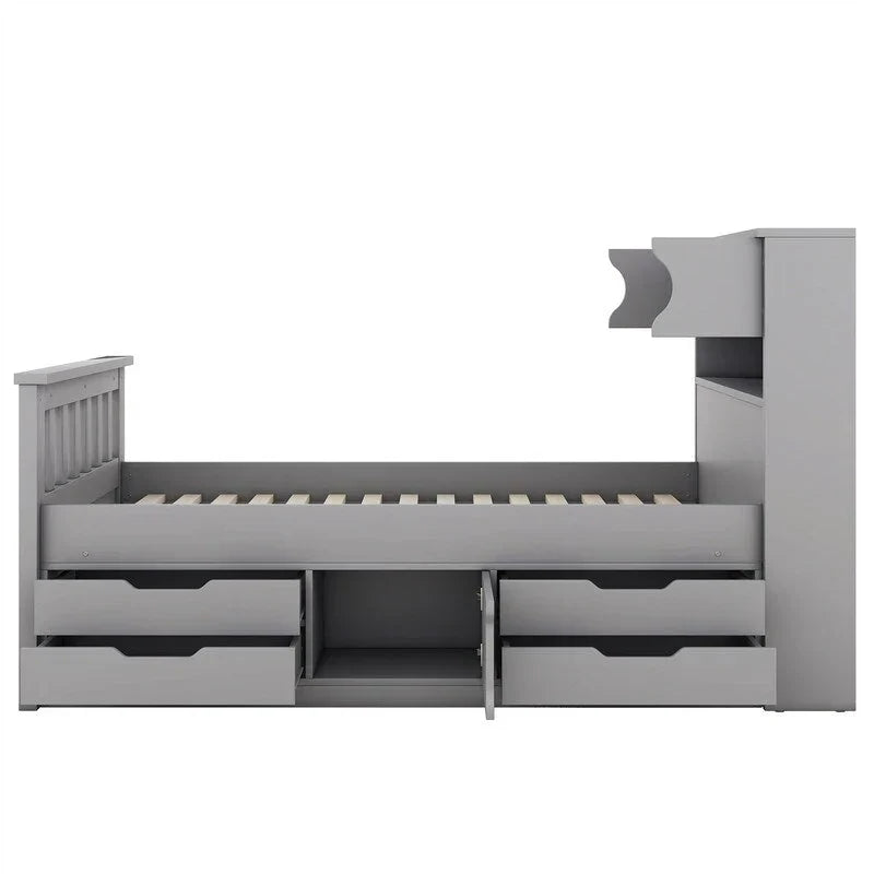 Lit plateforme capitaine double/grand avec 4 tiroirs et étagères de rangement, cadre de lit en bois massif avec tête de lit bibliothèque de rangement