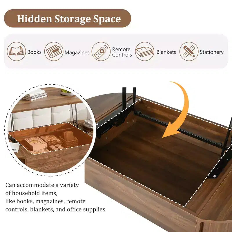 Table basse relevable de 120 cm avec compartiment de rangement caché, ovale, marron