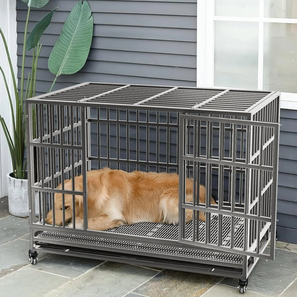 BOSSIN Cage pour Chien Robuste Indestructible 48/38 Pouces, Niche Anti-Évasion avec Roues Verrouillables
