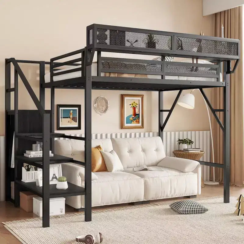 Lit mezzanine jumeau Okak 94IN avec armoire, lit jumeau avec étagères de rangement et panier, cadres de lit pour chambre à coucher, dortoir