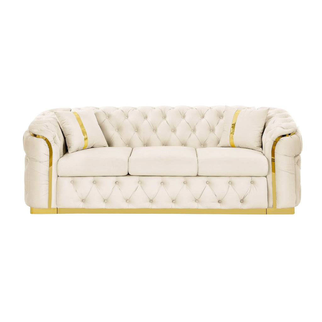 Canapé 3 places Velvet 90,6 po avec 2 oreillers, coussins haute densité, accents dorés et oreillers