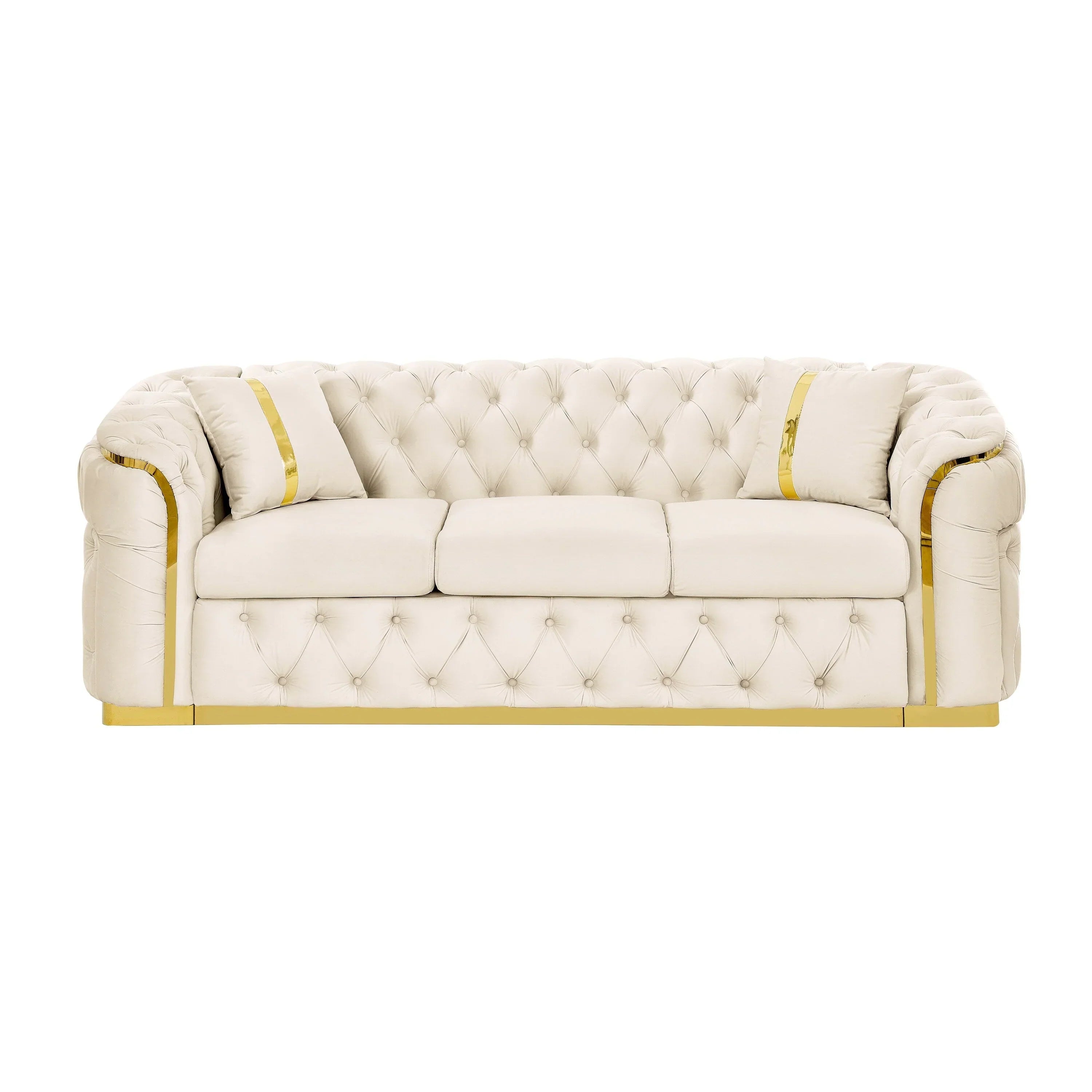 Canapé 3 places Velvet 90,6 po avec 2 oreillers, coussins haute densité, accents dorés et oreillers