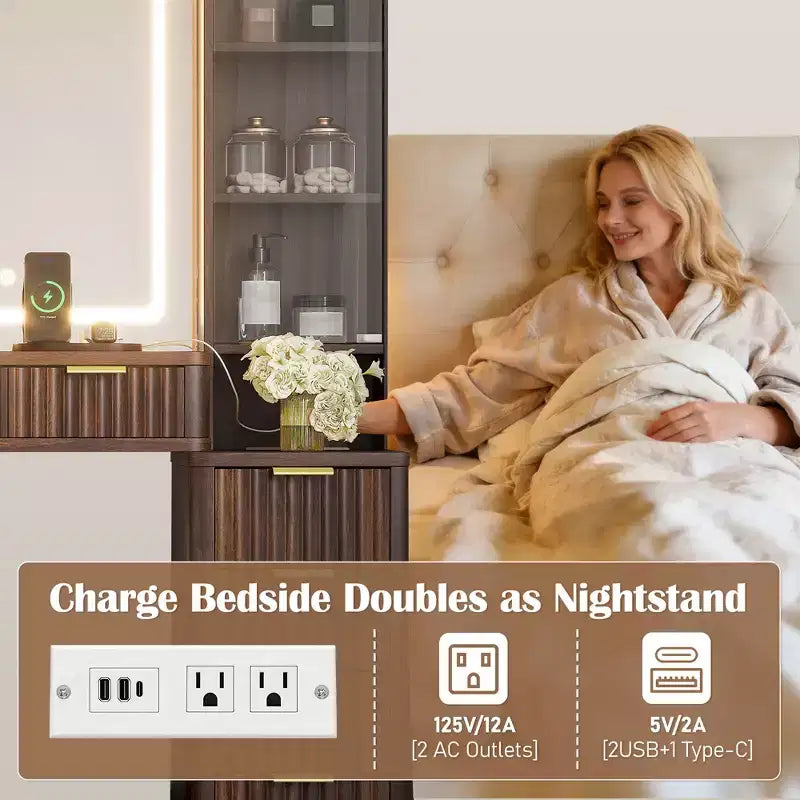 Ensemble de vanité moderne JVNOXK de 43,5 pouces avec miroir et lumière, doté de tiroirs et d'une armoire en verre transparent, inclut un tabouret et une station de recharge, marron