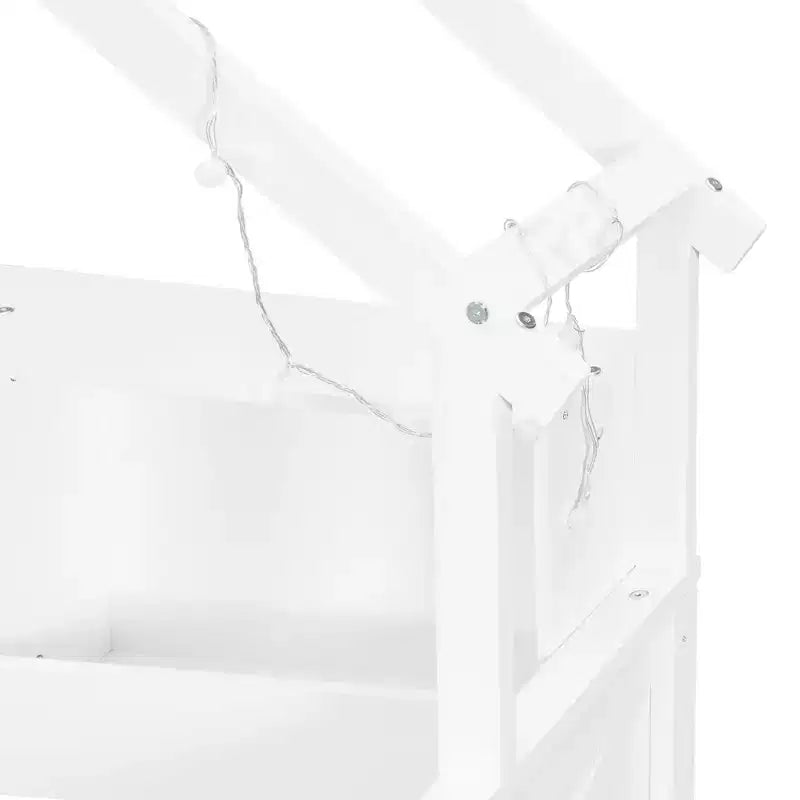 Cadre de lit maison pleine grandeur avec tiroirs, lit plate-forme maison avec lumières LED, étagères de rangement et tiroirs, lit de repos en bois avec toit et garde-corps