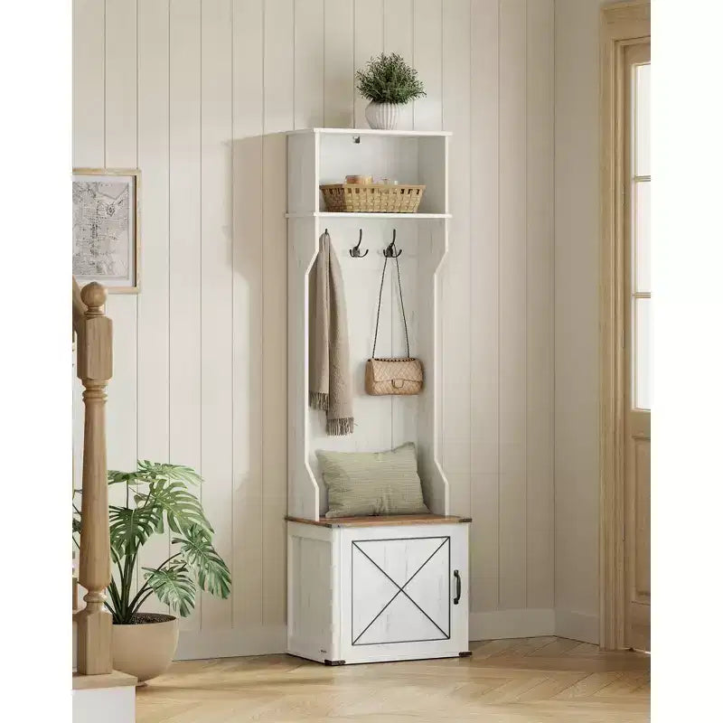 Porte-manteau avec banc et rangement à chaussures, porte-manteau avec banc à chaussures, meuble d'entrée, 3 patères, porte avec poignée, blanc rustique