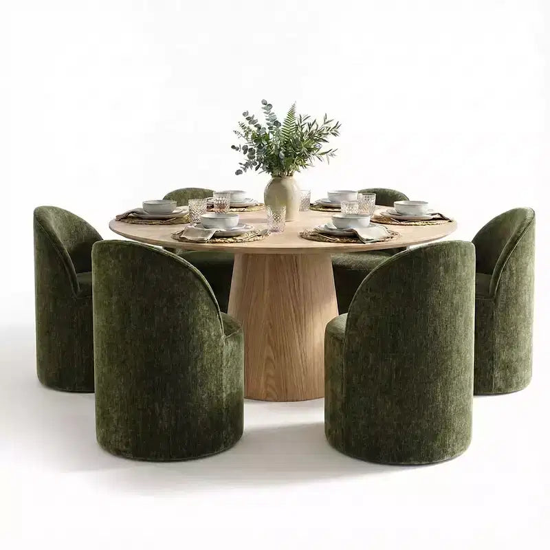 Ensemble de salle à manger moderne pour 6 personnes, table à manger ronde avec pied central, chaises de salle à manger pivotantes à roulettes, tissu chenille texturé - Panipeachy