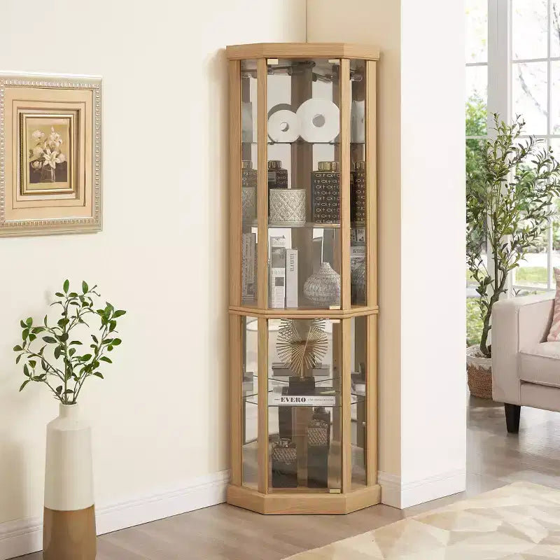 Vitrine d'angle avec portes et étagères en verre, Meuble de présentation d'angle pour salon