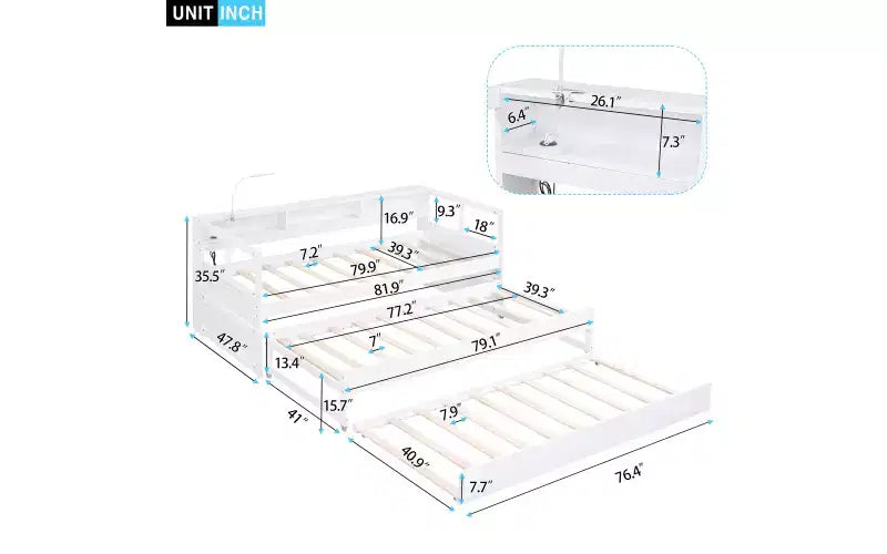 Lit de repos double XL Whisen en bois avec 2 lits gigognes, 3 compartiments de rangement, 1 lampe gratuite et port de chargement USB