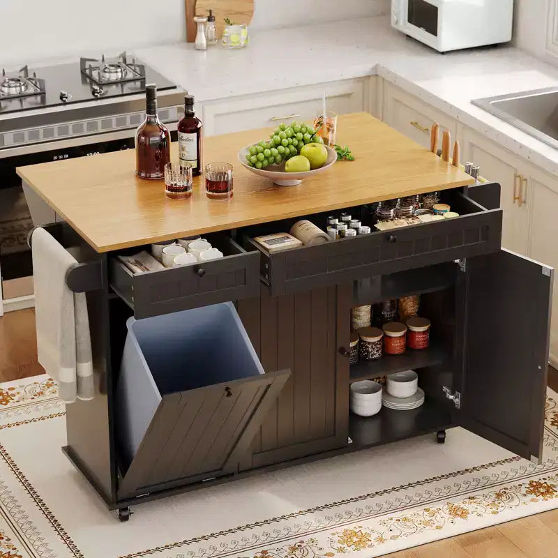 Table îlot mobile 55 avec prise de courant et abattant, chariot de cuisine roulant avec poubelle intégrée pour cuisine
