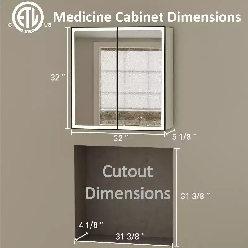 Armoire de toilette avec miroir LED, montage en saillie ou encastré, lumière dimmable, anti-buée, étagères réglables