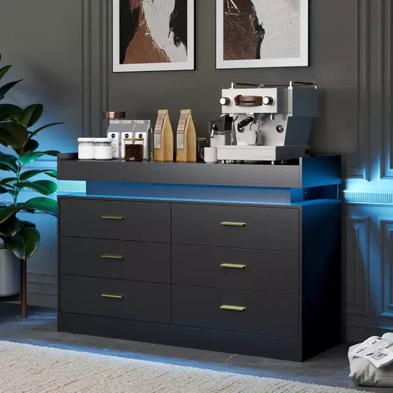 Meuble TV moderne avec 6 tiroirs et lumières LED, bar à café flottant pour centre de divertissement de salon