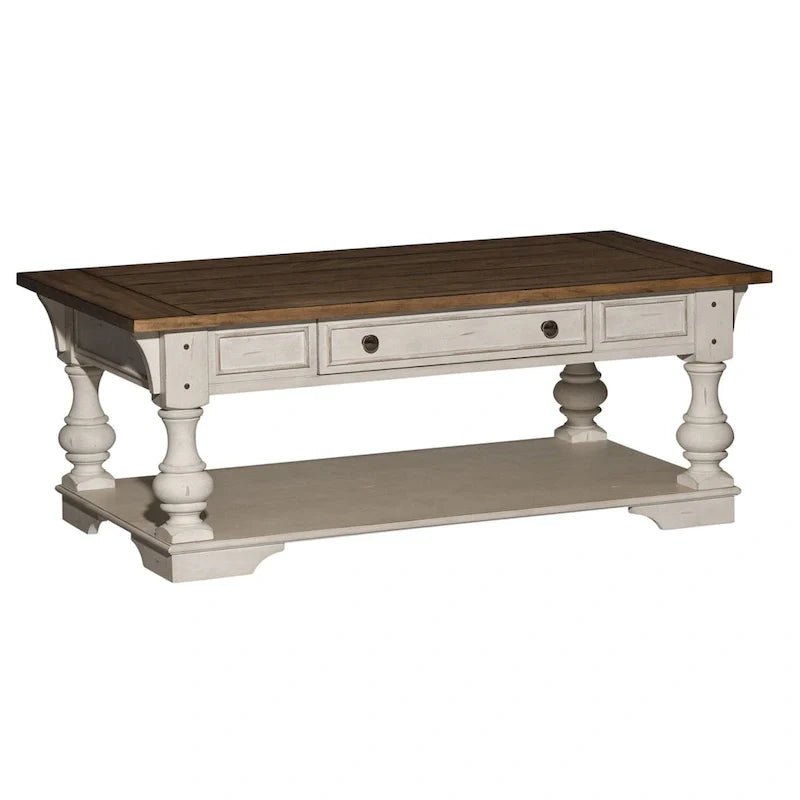 Table basse Morgan Creek blanc antique, avec accents tabac brossé.