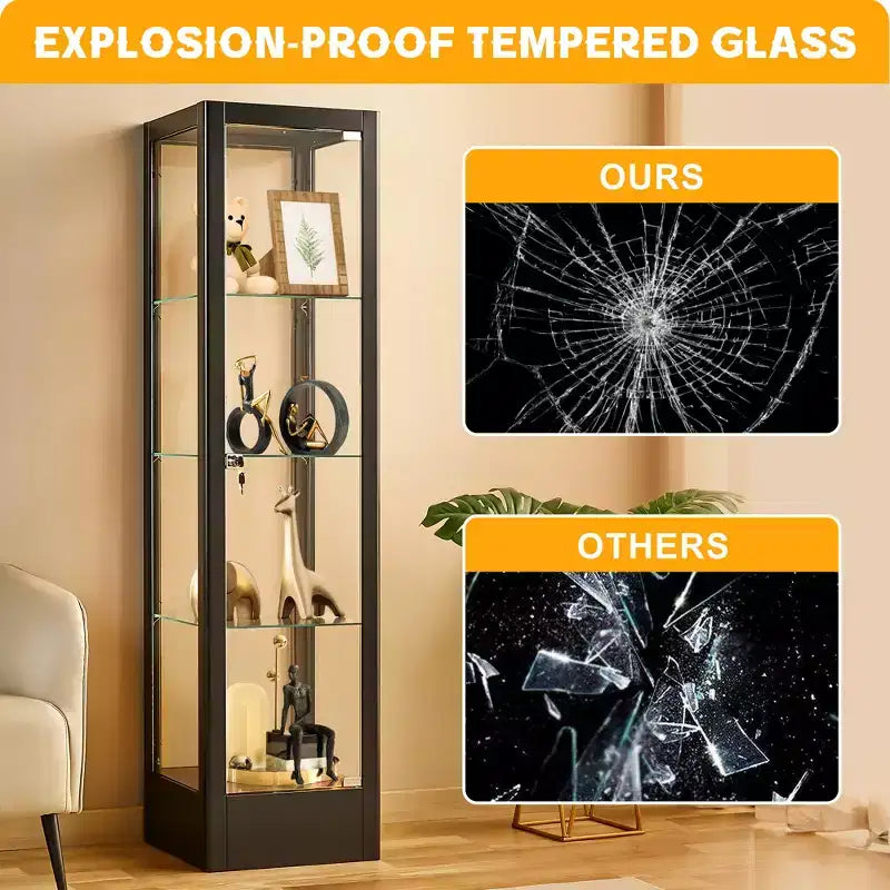 Bekrvio Vitrine d'exposition en verre à 4 niveaux avec serrure, vitrine de collection avec porte en verre trempé de 160 cm et étagères réglables