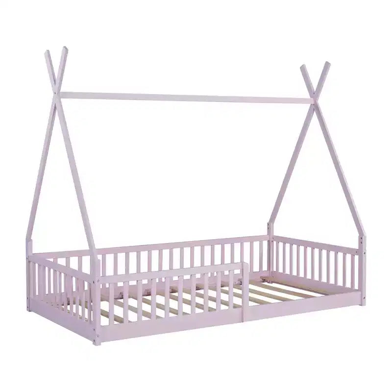 Lit de sol pour enfants, lits cabane doubles, lit de sol Montessori avec lattes et barrières de protection, cadre de lit cabane en bois pour garçons et filles