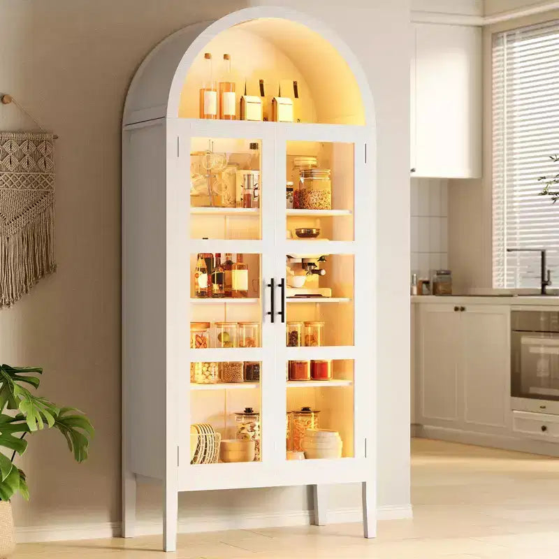 Meuble de rangement, Noir/Blanc, Style Arqué, Simple, 71 po de hauteur avec lumières DEL et portes vitrées