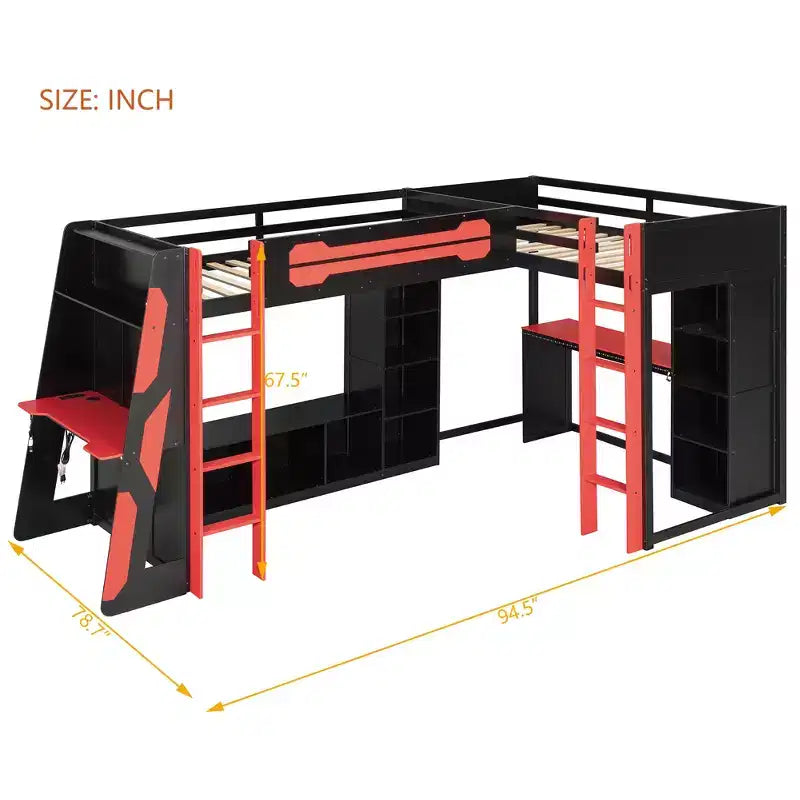 Lit mezzanine de jeu en L avec bureaux, lits superposés doubles avec lumières LED, ports USB, étagères de rangement, lit mezzanine d'angle en bois pour 2 personnes